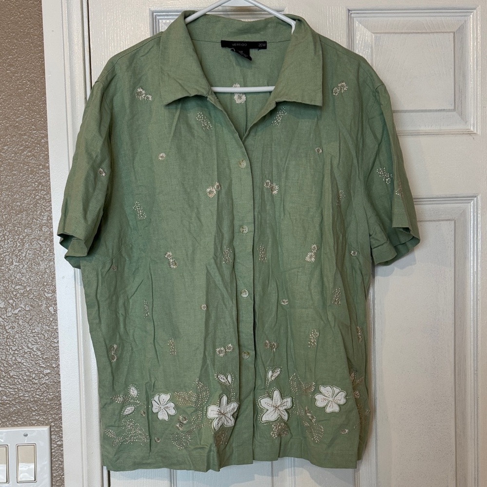 Vertigo Green Floral Embroidered Shirt